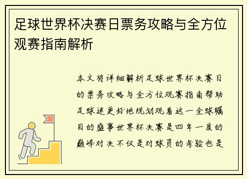 足球世界杯决赛日票务攻略与全方位观赛指南解析