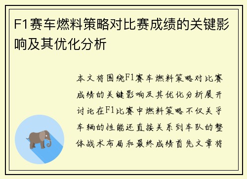 F1赛车燃料策略对比赛成绩的关键影响及其优化分析 F1赛车燃料策略对比赛成绩的关键影响及其优化分析
