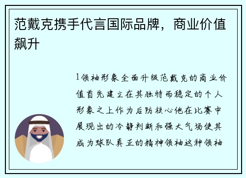 范戴克携手代言国际品牌，商业价值飙升